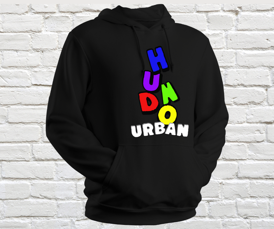 Black hoodie with cascading letters in vibrant blue, purple green red and yellow with white accents.