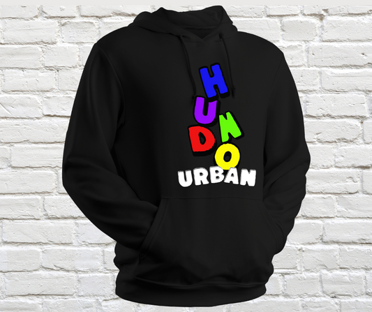 Black hoodie with cascading letters in vibrant blue, purple green red and yellow with white accents.