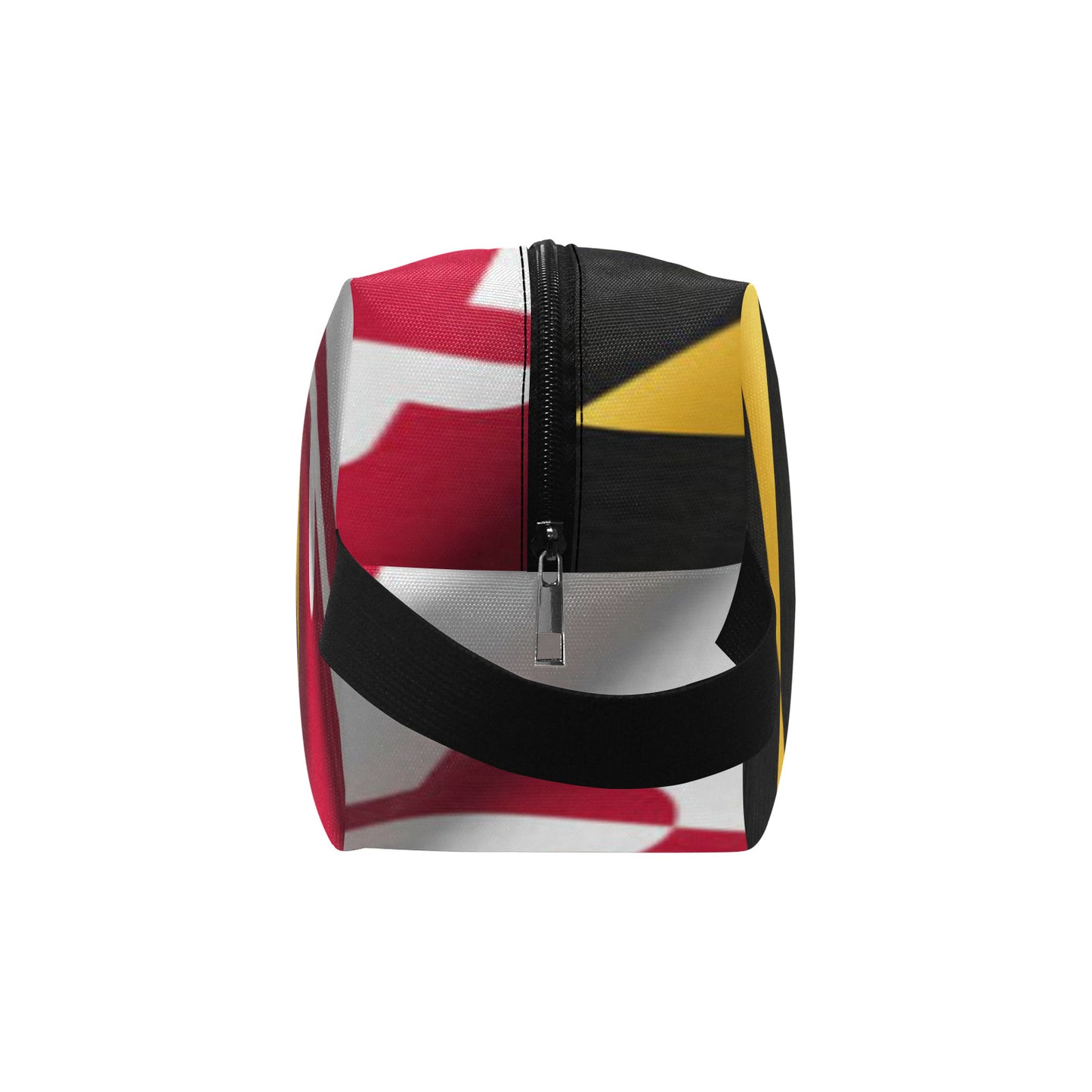 Side view of cosmetics bag. Features the Maryland Flag